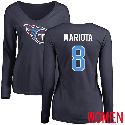 Tennessee Titans Navy Blue Women Marcus Mariota Name and Number Logo NFL Football #8 Long Sleeve T Shirt